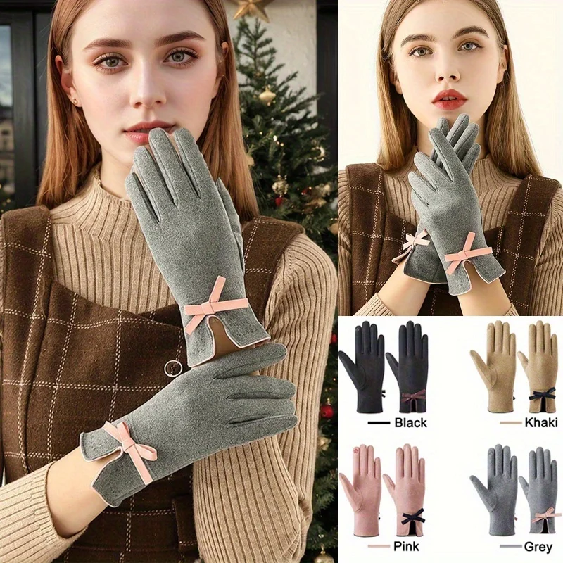 

Gentle Bowtie Winter Driving Gloves for Women, Thickened and Plush for Winter Warmth, Windproof Riding, Velvet for Touch Screen