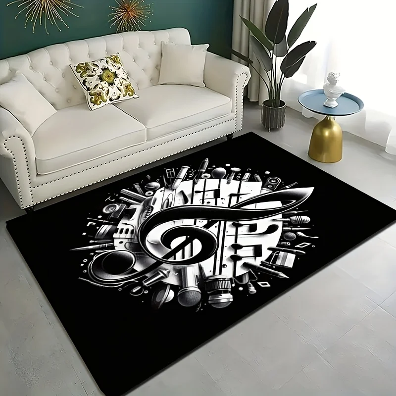 Music Note Flannel Rug Black White Microphone Instrument Pattern Floor Mat Soft Non-slip Area Carpet for Living Room Bedroom
