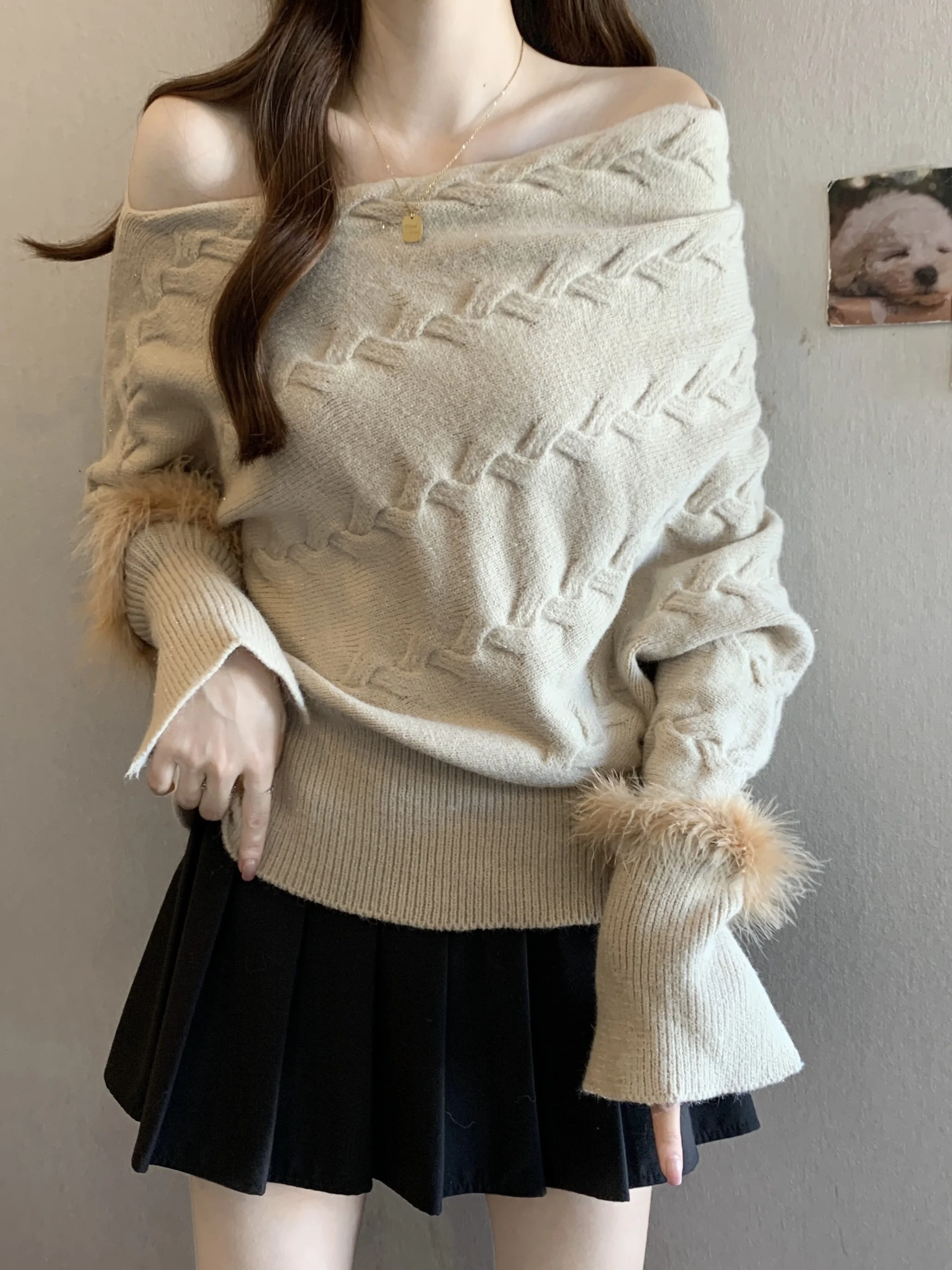 

Вязаный свитер оверсайз с открытыми плечами, длинный рукав, женский зимний повседневный топ в корейском стиле, рукав «летучая мышь»