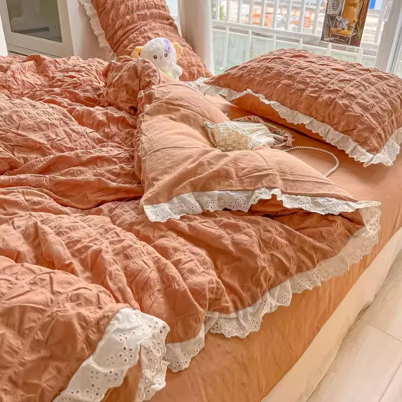 Korean Seersucker Ruffle Bedding Set For Women Princess Style Bedroom Bed Sheet Set Queen Washed Cotton Solid Color Bed Linen