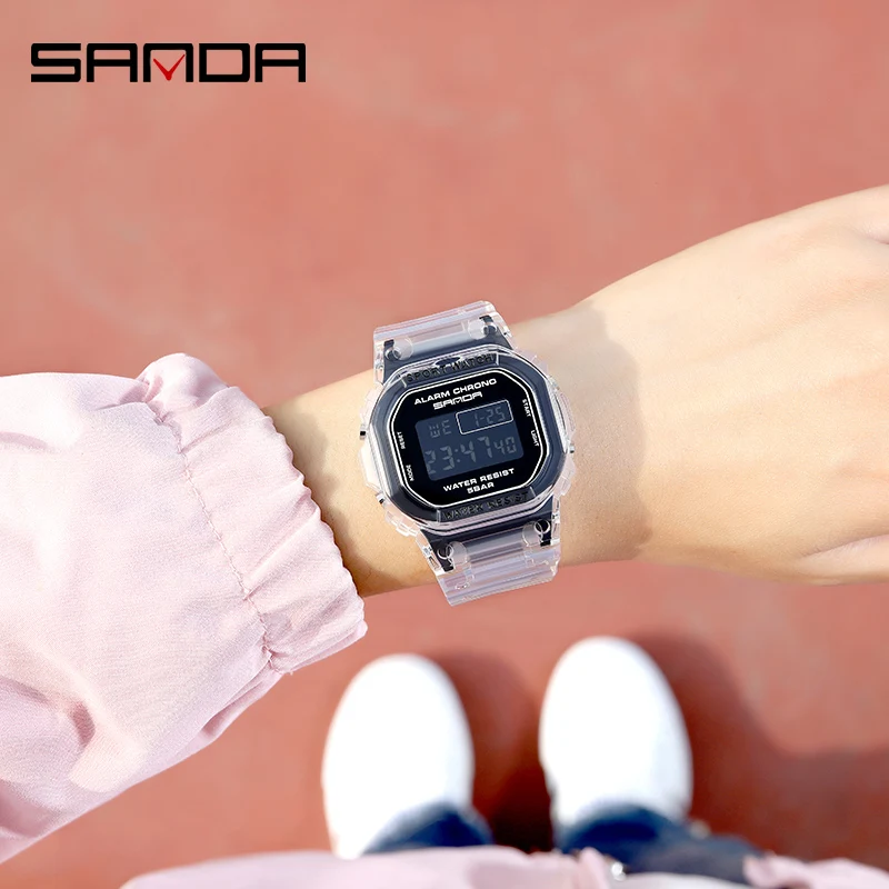 Sanda Cross border Hot selling Square Transparent Watch Band Electronic Watch Multi functional Night Light Waterproof Outdoor