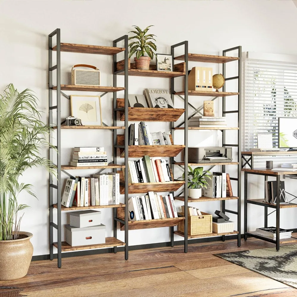 Industrial Bookshelves 6 Tiers Triple Wide Bookshelf, Large Etagere Bookshelf Open Record Player Shelves with Metal Frame