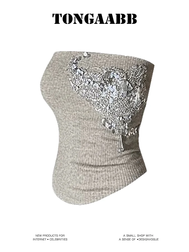 

Women's Summer Chain Strap Crop Top Sexy Y2k Casual Chic Vintage Off Shoulder Hollow Out Sequins Blue Tank Top Vest Korean 2025