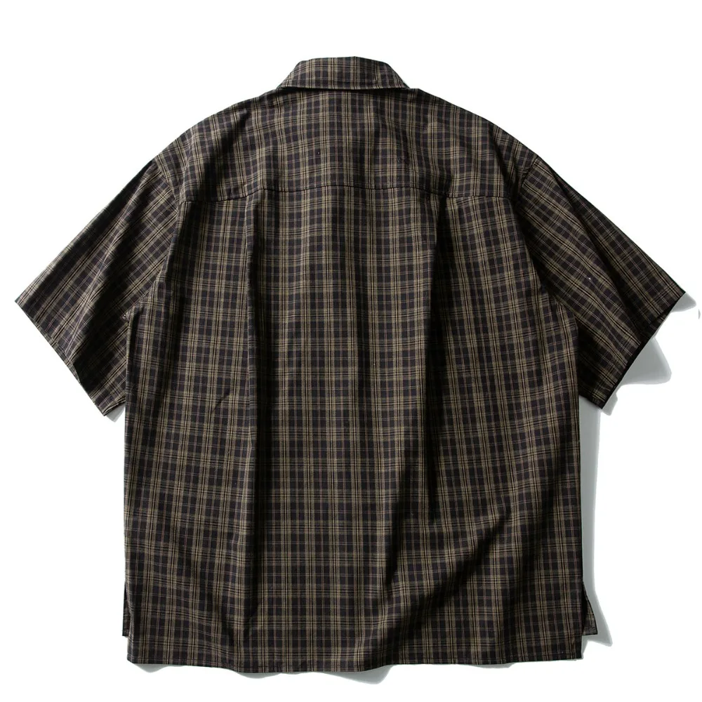 Japanese Style High Street Cotton Retro Plaid Workwear Short Sleeved Shirt Tops Men's Loose Five Quarter Sleeved Casual Shirt