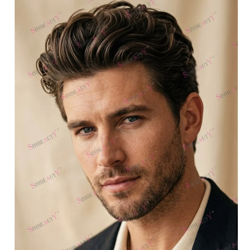 Breathable Natural Hairline 100% Human Hair Brown Blonde 30mmm Wave Men's Hair Replacement Baldness Man's Durable Mono Base Wigs