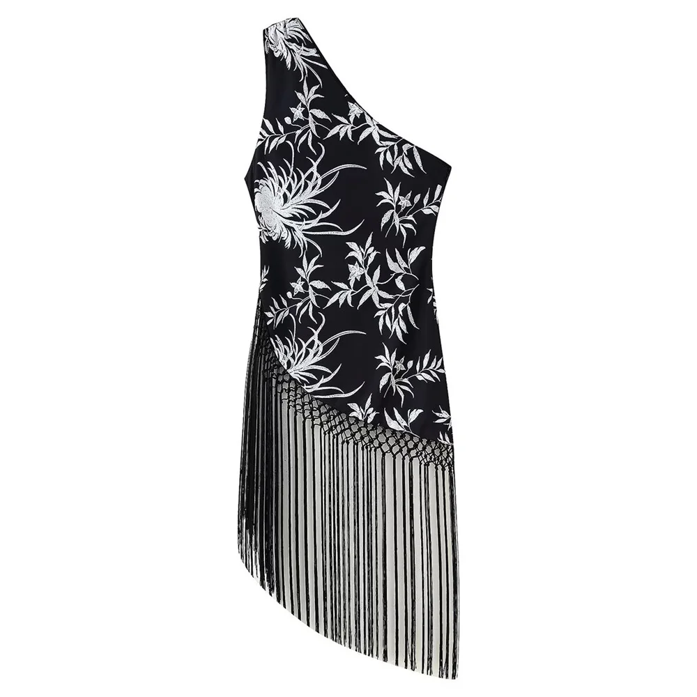 

BMURHMZA summer new women's clothing design sense tassel decoration asymmetrical single shoulder long top slim fit vest