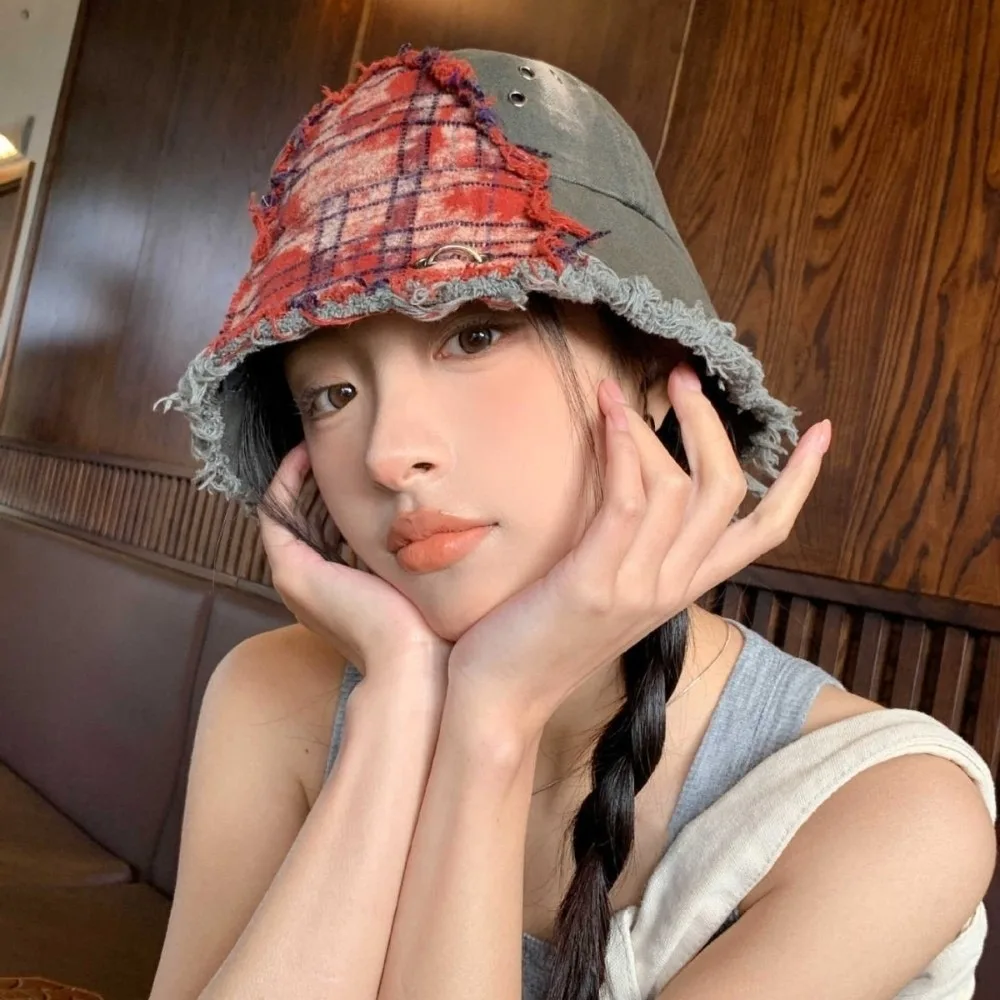 

Fashion Japanese Plaid Bucket Hat Patched Beggar Style Retro Fisherman Hat Bule Splicing Sun Protection Basin Cap Women