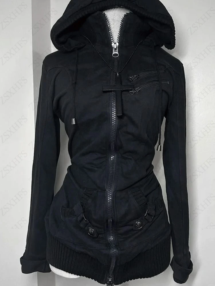 

Women Black Punk Jacket Slim Casual Bomber Coat Lapel Zipper Long Sleeve Hoodie Vintage Lady Motorcycle Outwears Hip hop Jacket