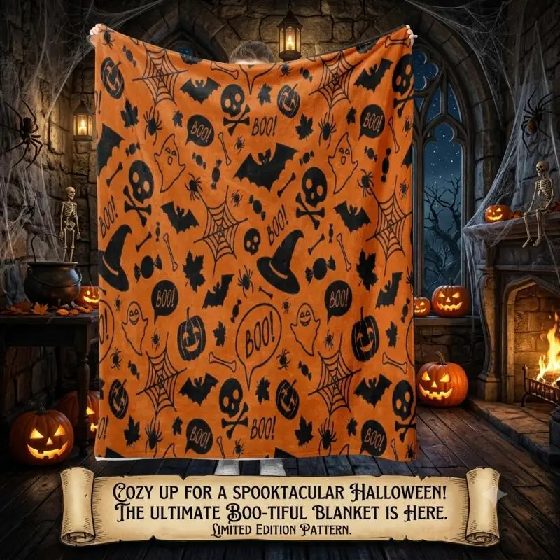 Halloween-Flanelldecke, warme, weiche Cartoon-Orange-Kürbis-Digitaldruck-Überwurfdecke, multifunktionale Deckenbezüge – Detail 2