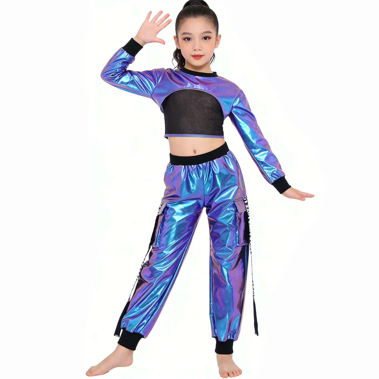 Kids Girls Hip Hop Jazz Dance Outfits Streetwear Metallic Glossy Pullover Dance Top and Multi-Pocket Pants Performance Costume