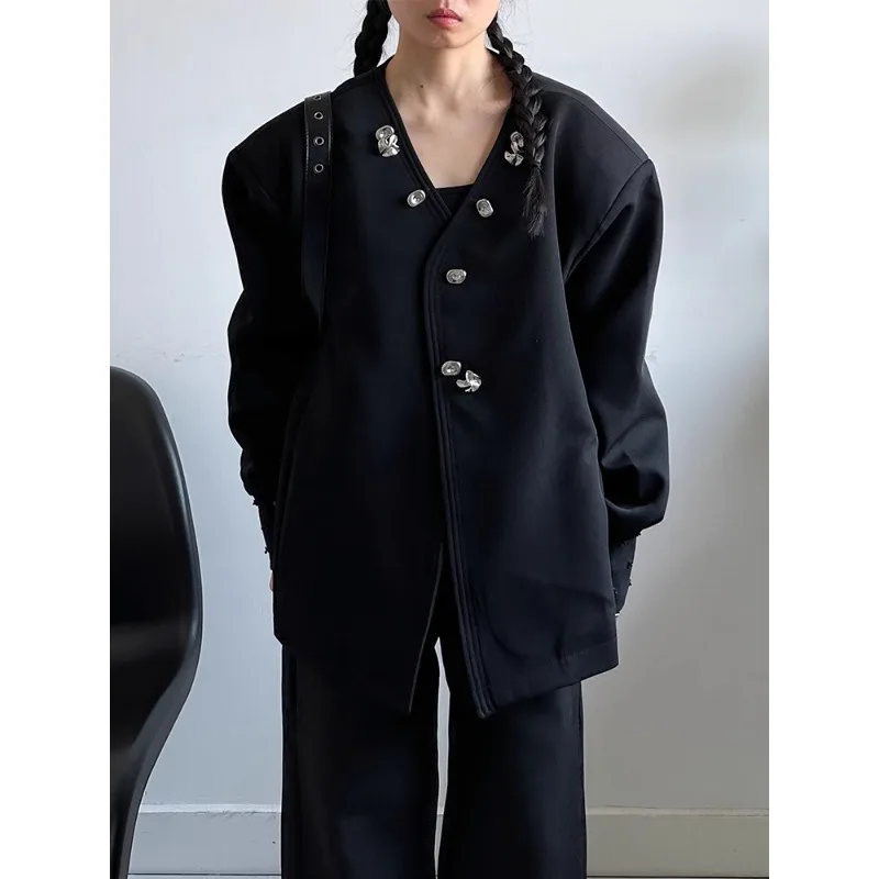 

SuperAen короткое пальто с подкладкой на плечах и пуговицами для женщин, свободные и элегантные повседневные модные пальто с v-образным вырезом