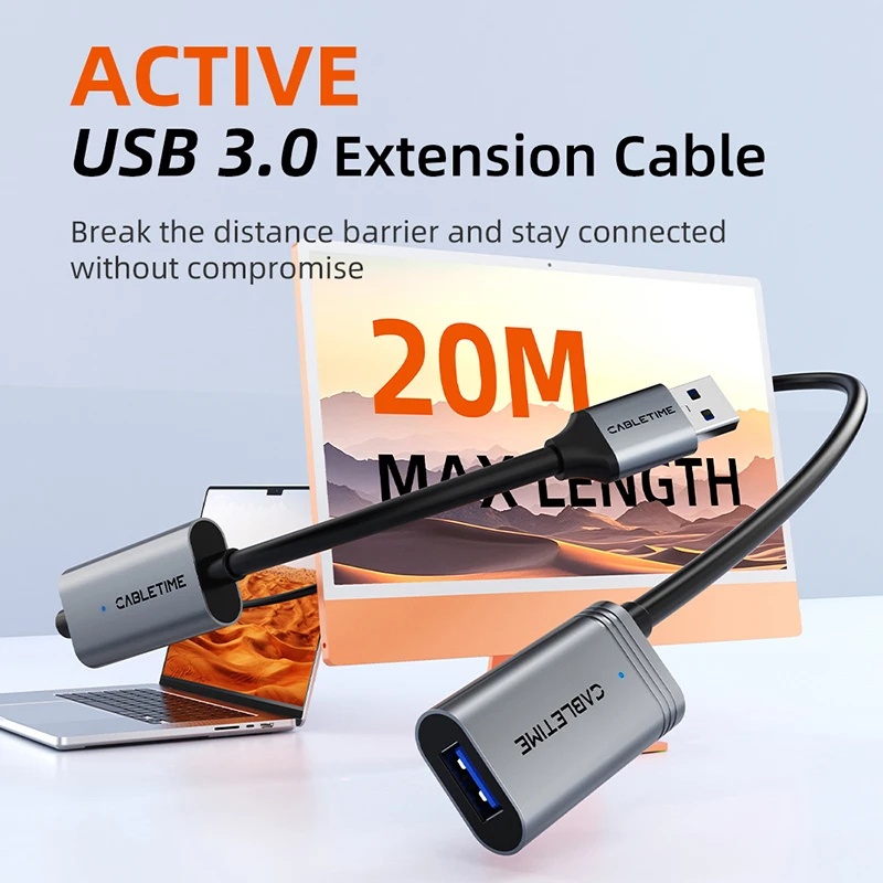 CABLETIME USB 3.0 Active Extension Cable Male to Female Amplified 5m/10m/15m/20m High-Speed External Cord for PC TV Connectivity
