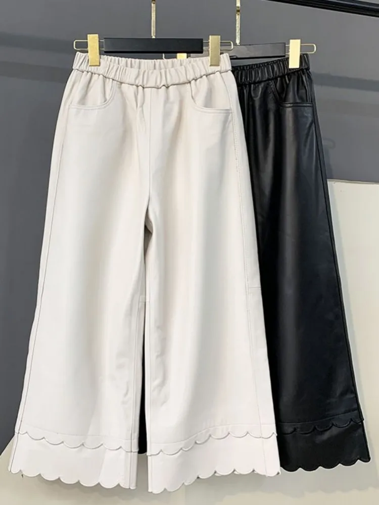 Leisure Style Elastic Waist Solid Color Sheepskin Fashion Pants Handmade Genuine Leather Ladies Pocket Ankle Length Trousers