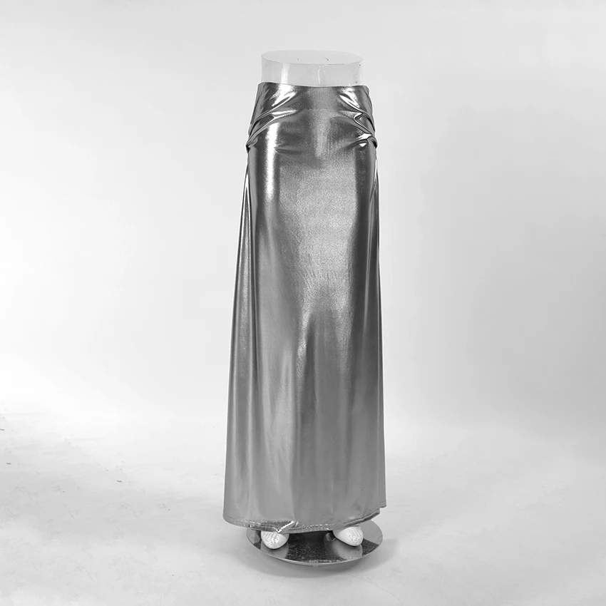 Summer 2024 Zipper Ruched Skirts Women Silver Floor-Length A-Line Skirts Female Street High Waist Bright Midi Skirts