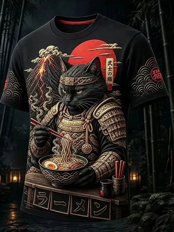 New Men's 3D Black Cat Samurai Japanese Art Print T-shirt Fashion Cool Short Sleeve t shirts Casual Harajuku Top Summer Clothing