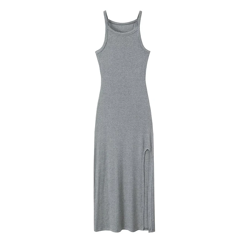 YENKYE-Robe mi-longue en fibre de tricot à col rond pour femmes, robes sexy, fente latérale, mode féminine, été, nouveau