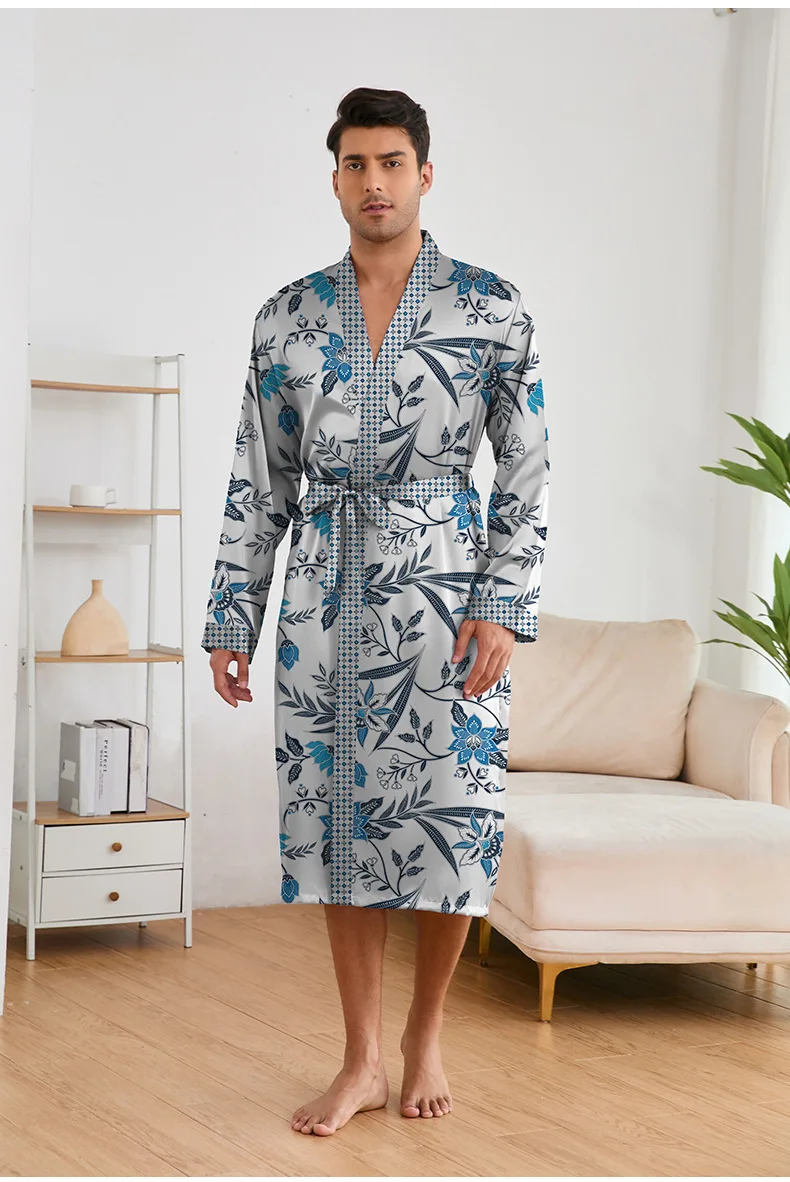 Jaro léto muži pajama 2ks róba šortky sada tisk satén kimono župan talár volné domácí oblečení loungewear