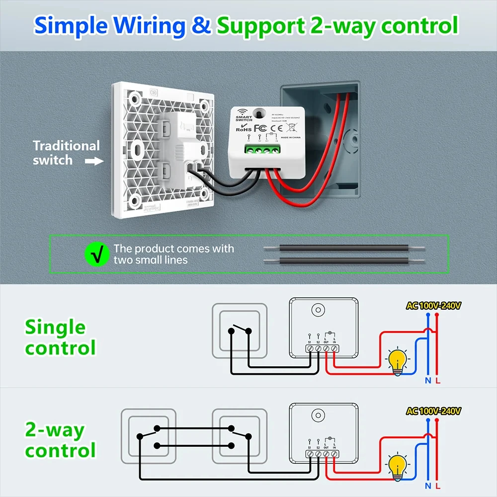 AC 220V 110V 433Mhz Relay Receiver Mini Moudle Remote Control RF Wireless Smart Light Switch Without Neutral Lamp Single Live