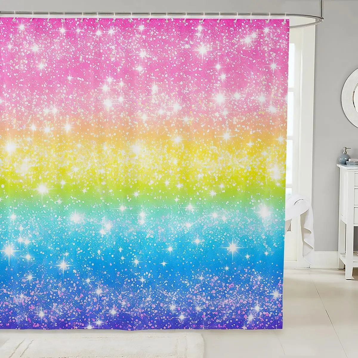 

Rainbow Sparkle Shower Curtain Pink Yellow Blue Gradient Stars Glitter Effect Magical Bathroom Decor Unicorn Theme Bath Linen