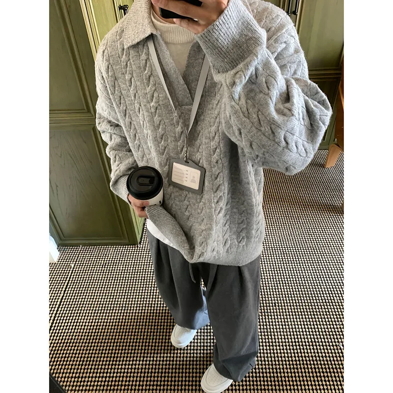 Man Knitting Sweater 2025 Winter Men's Grey Fake Two Piece Sweater Non Pilling V Neck Lazy Layering Knitwear