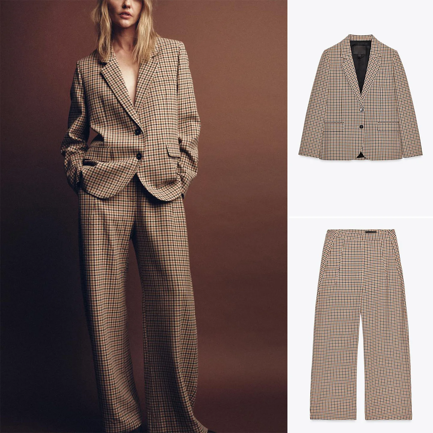 

Women's Plaid Suit Jaet Long Sve Turn-down Collar Straight-cut 8782869 Pleated Wide-leg Mid-waist Trousers 8775869