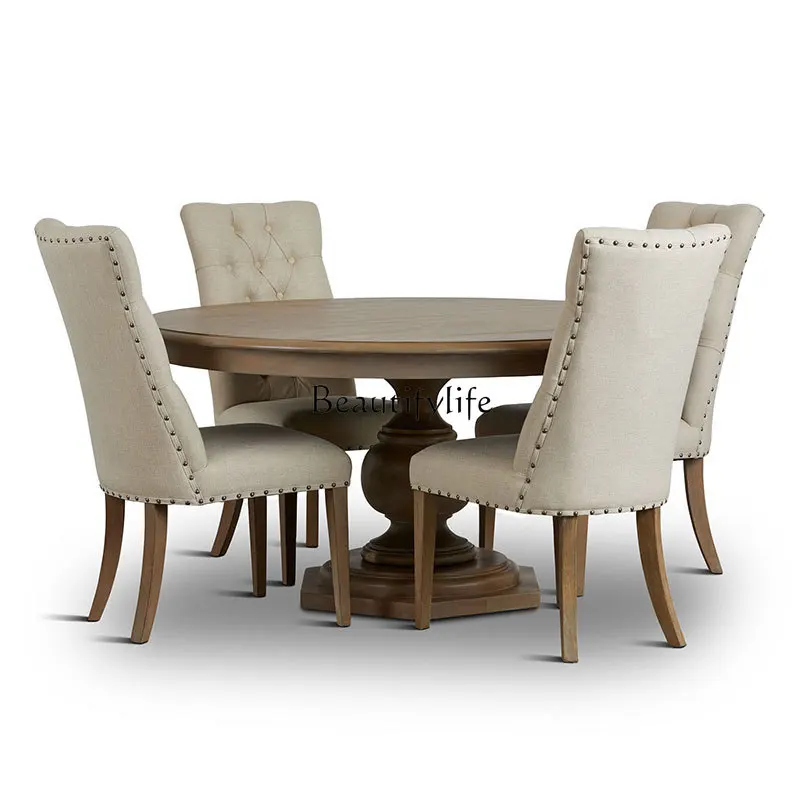 

French solid wood household small apartment round table American retro round table with turntable