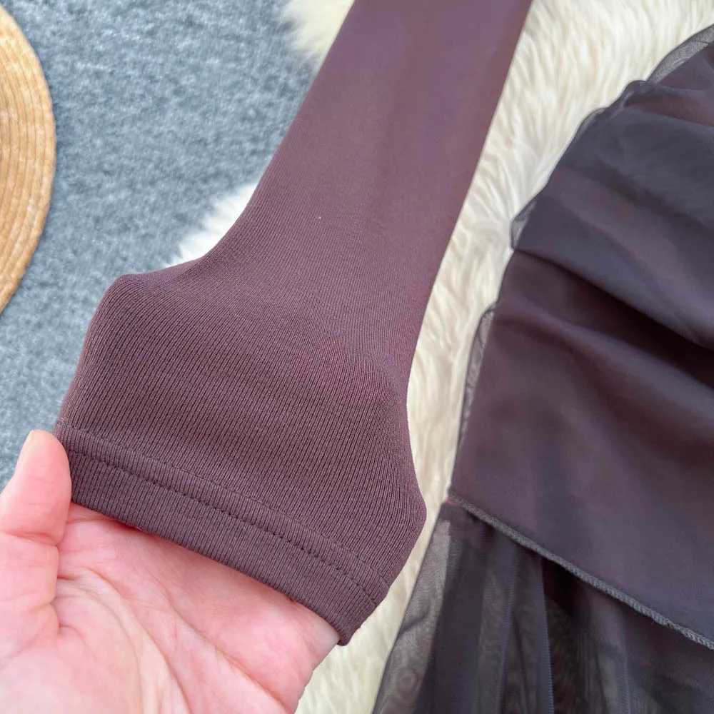 Women Spliced Mesh Dresses A Line Solid Dress Irregular Ankle Lenth Long Sleeve Waist Cinch Slim Fit Casual Elegant 2025 Spring