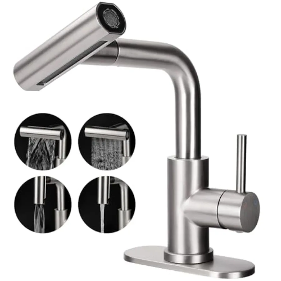 

Bathroom Sink Faucet with 4 Mode Pull Down Sprayer, Single Handle Pull Out Faucet with Pop-Up Drain, 1 or 3 Hole Laundry Bar Ba