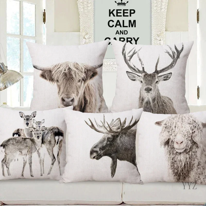 Nordic Retro Style Animals Poster Cushion Cover Highland Cow Calf Stag Goat Moose Fox Bear Print Pillow Case