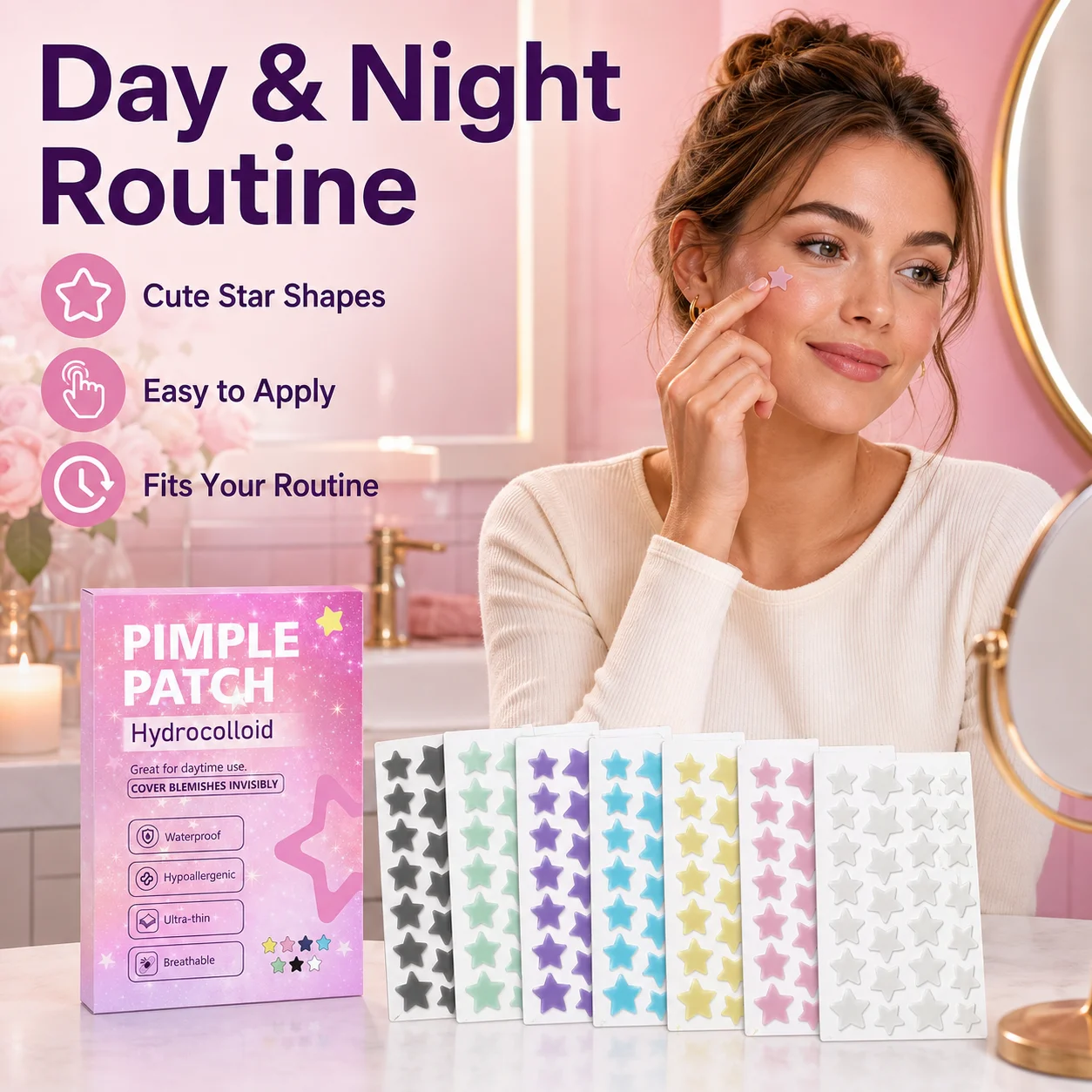 280/560/840/1400PCS Hydrocolloid Star Pimple Patches, 7 Colors, Ultra-Thin Waterproof Face Stickers for Day & Night Use view 5