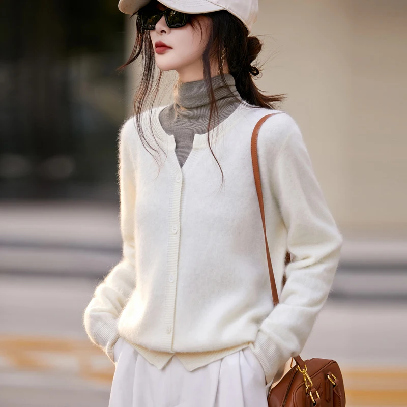 

Autumn And Winter Skin-Friendly Pure Wool Cardigan Women's Round Neck Loose Brushed Knitted Sweater Cashmere Coat Jacket