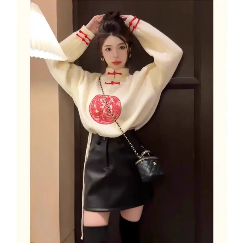 Women Autumn Fashion chinese style frog Embroidered Mock Neck Long sleeve Knitwear women clothes elegant trend knitting tops