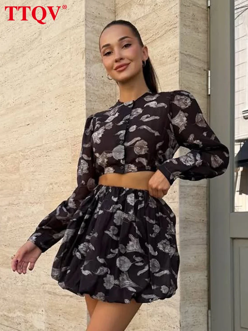 

TTQV Fashion Loose Print Women Two Pieces Set 2026 Elegant Long Sleeve Crop Shirt With High Waist Pleated Mini Skirt Set Female