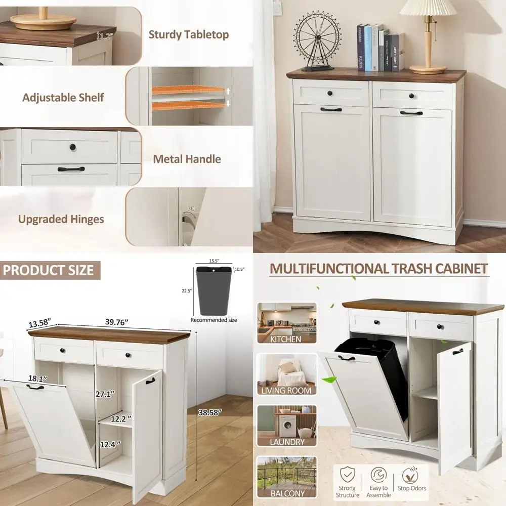 

Отдельностоящий кухонный шкаф для мусорных баков со скрытыми контейнерами для мусора и отходов, цвет античный белый