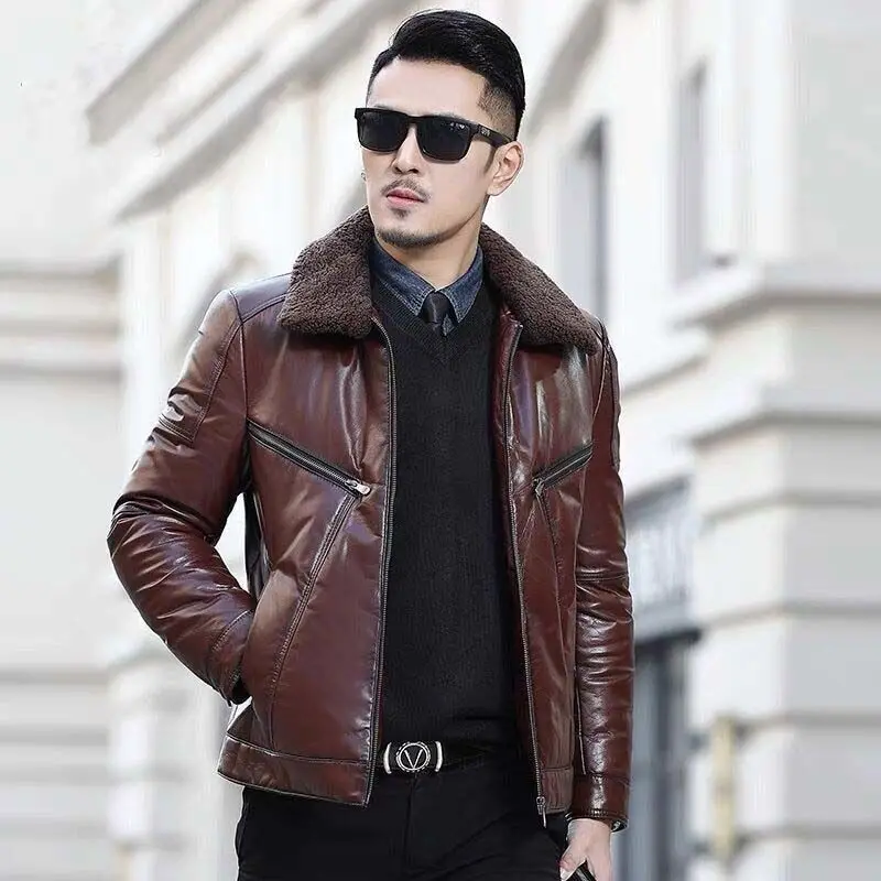 

2023 Men Autumn Fashion Genuine Sheepskin Jackets Male Lapels Wool Collar Outerwear Men's Thicken Real Leather Coats F313