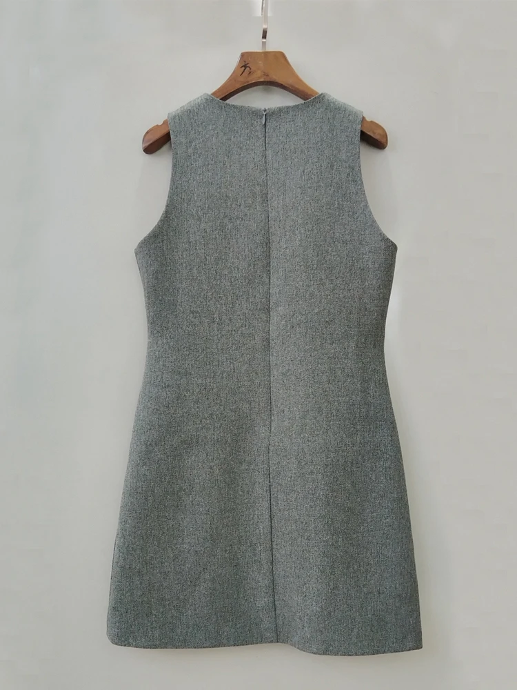 AELESEEN Vintage Mini Tank Dress Women Summer Sleeveless Gray 3D Appliques A-line Casual Holiday Vacation Retro