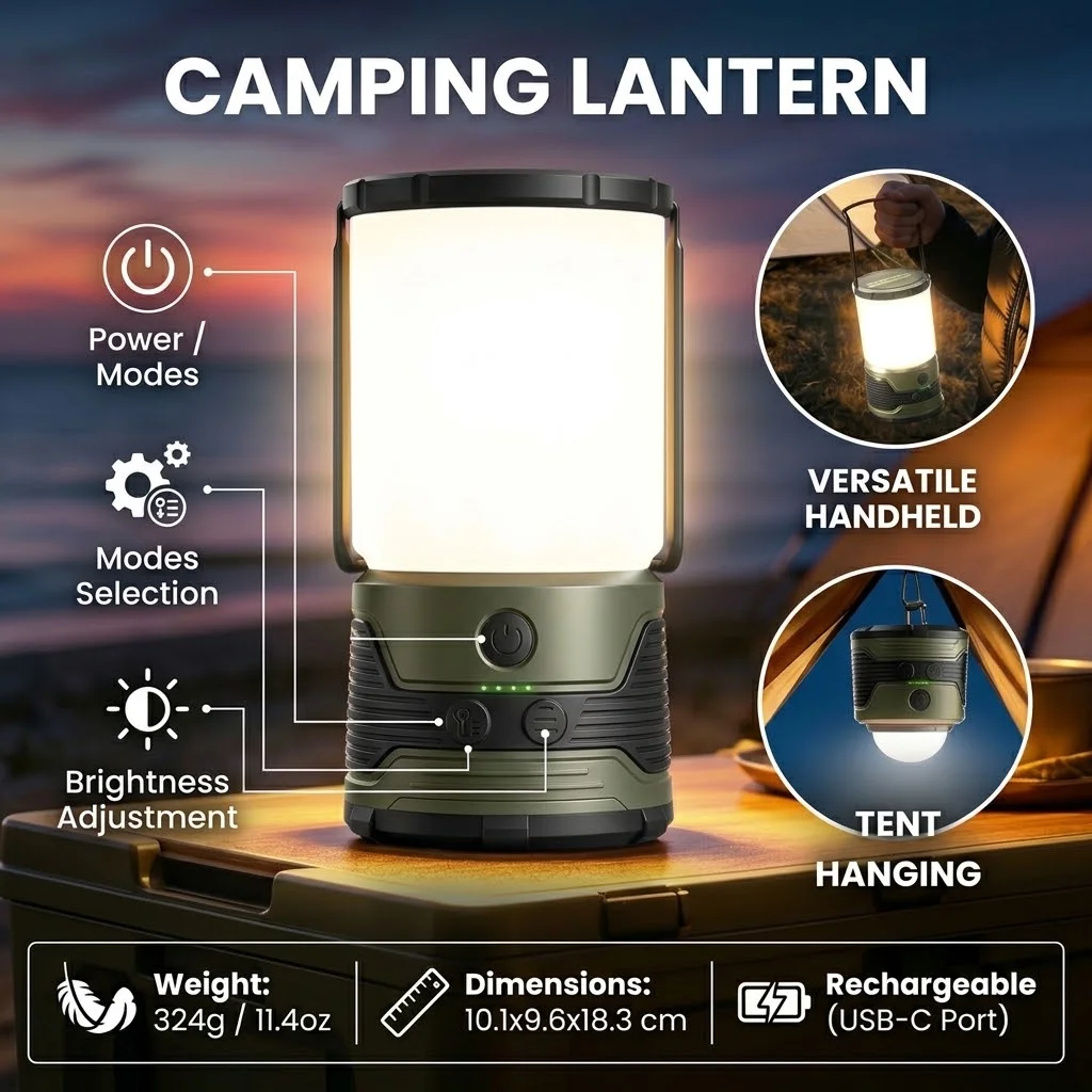 Rechargeable Camping Lantern, LED Camping Light Flashlight Camp Essential Light, Portable Battery Operated Tent Light Waterproof