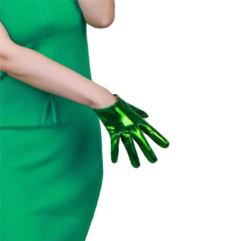 female16cm-ショートスタイルパテントレザー手袋フェイクレザー模造シープスキンミラーブライトグリーン女性-pu-手袋コスプレ-hpu64