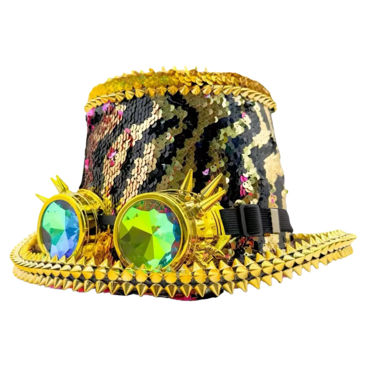 HongLuan Violette Steampunk-Zylinder für Herren, Pailletten-Festival-Zylinder für Damen mit Schutzbrille, Vintage-Burningman-Outfit für Damen – Detail 17