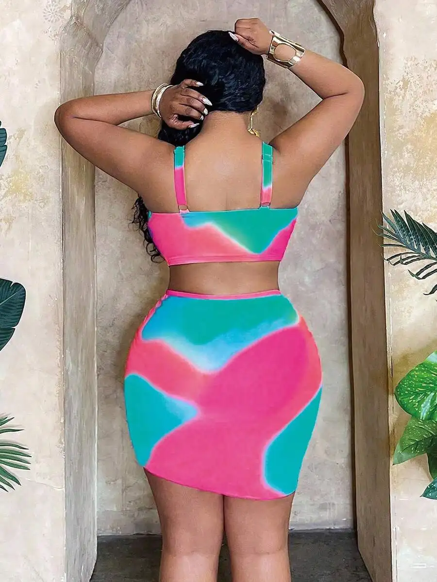 Plus Size Women 3 Piece Swimsuit Set Gradient Print Tie Front Hollow Top Triangle Bottoms Beach Skirt Summer