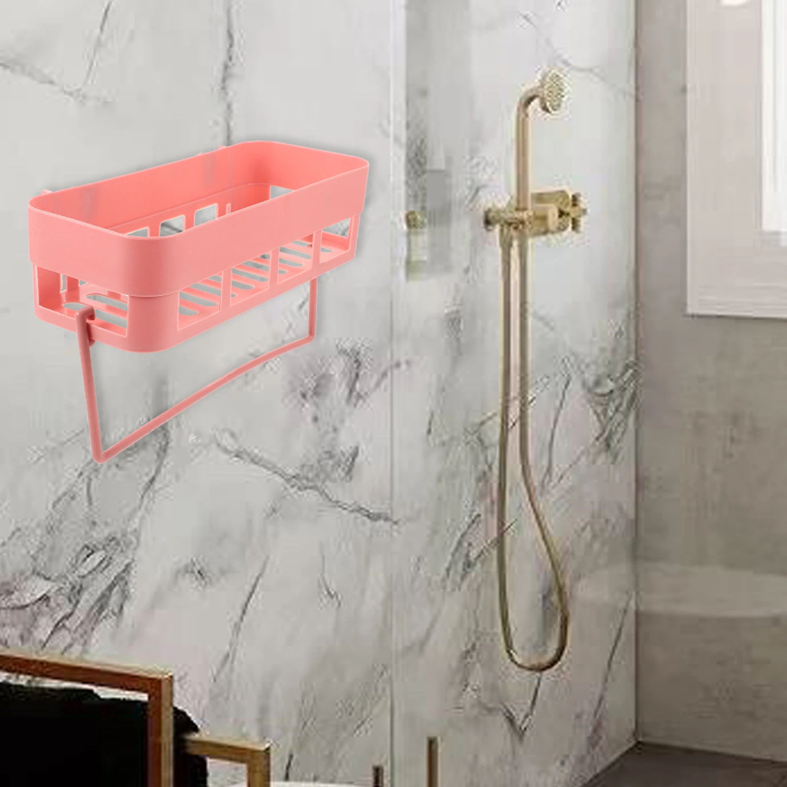 Elegantes, selbstklebendes, hohles Regal für Badezimmer, nordisches Rosa, großes Fassungsvermögen, Wandmontage, platzsparend, organisiert Küchenartikel