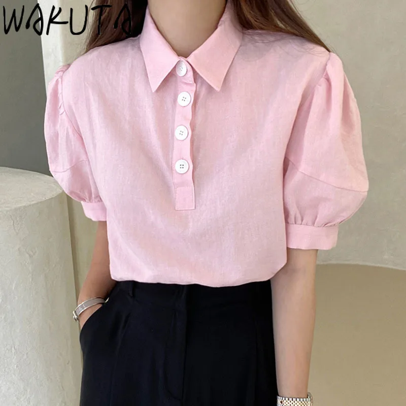 WAKUTA Shirts Short Sleeve Blouses Women Summer 2024 Sweet All Match Korean Fashion Pink Blue Turn Down Neck Loose Tops Femme