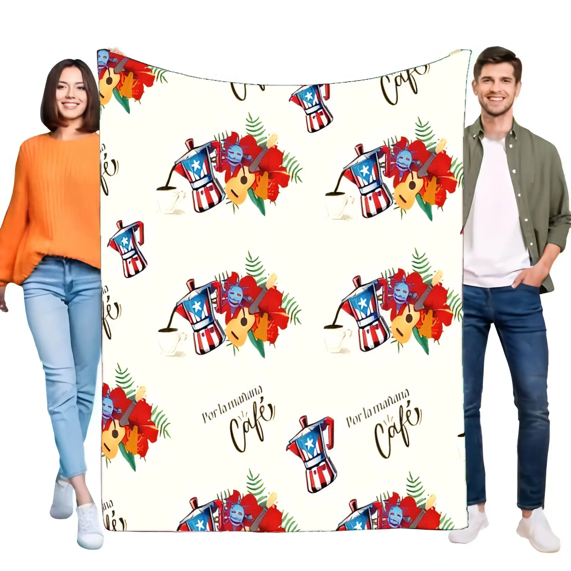 بورتوريكو العلم موكا وعاء القهوة الفانيلا بطانية لينة مريحة خفيفة الوزن الاستوائية الأزهار الغيتار رمي ل أريكة تتحول لسرير ديكور المنزل هدية #1