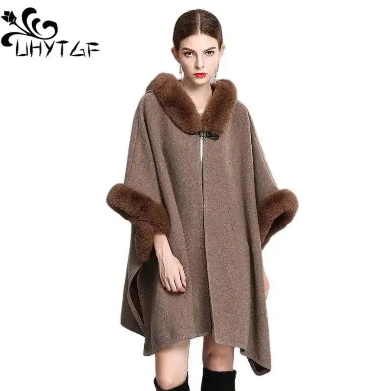 Hooded Shawl Women Winter Wool Coat Female Fur Collar Loose Rabbit Fur Ponchos And Capes Women Cardigan Batwing Cape Jacket 2839