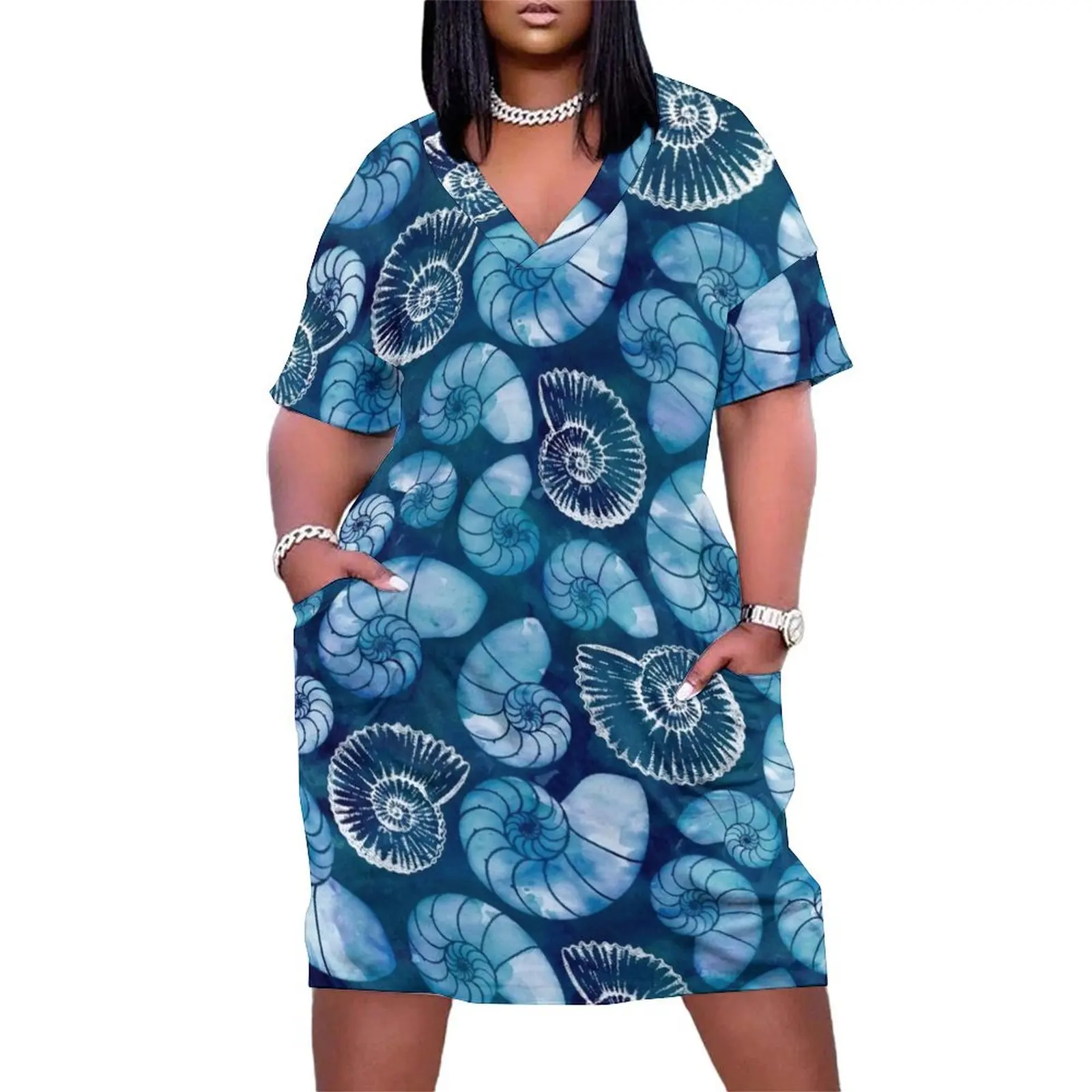 Nautilus fossils in sapphire blue Loose Pocket Dress elegant women's sets sexy dress