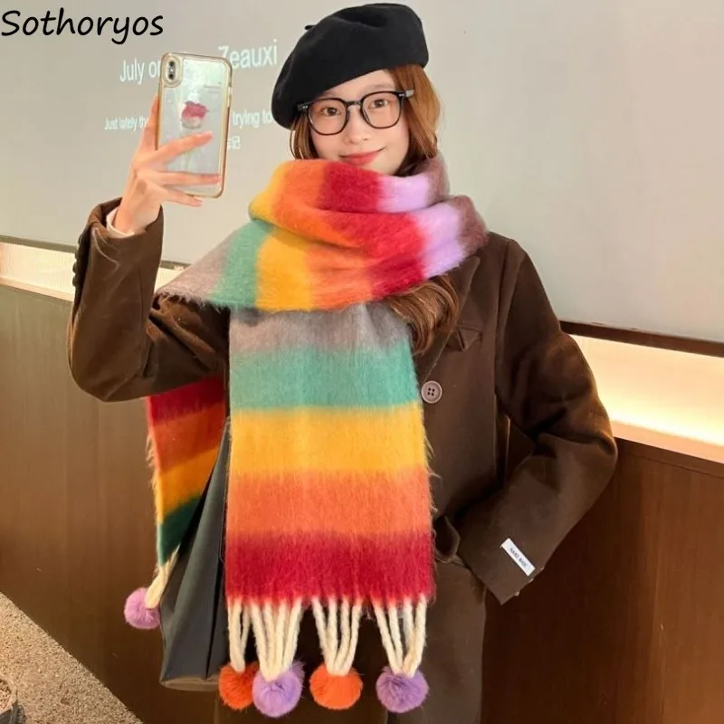 Colorful Scarf Wrap Women Hairball Striped Sweet Popular Lovely Autumn Winter Fluffy All-match Keep Warm Korean Style Preppy Ins