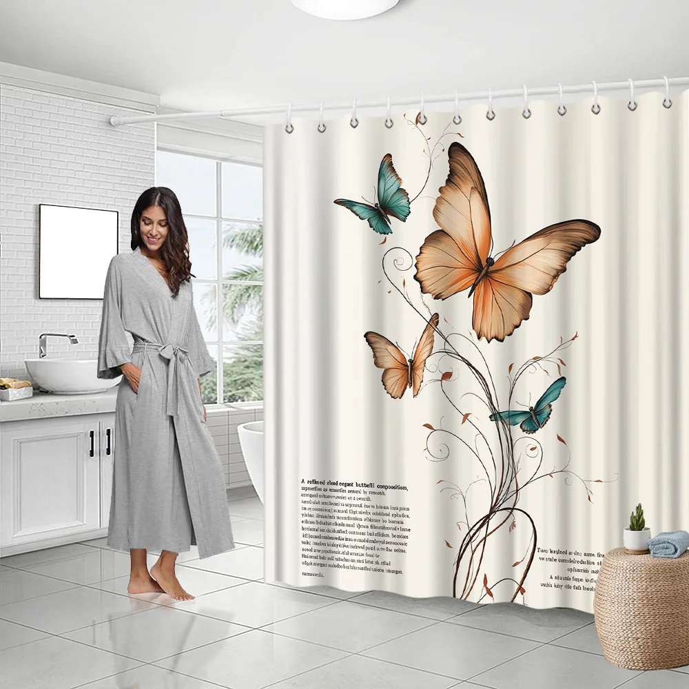 

Orange & Blue Butterfly Curtain, Floral Patterns, Fade-Resistant, 12 Hooks, All-Season Bath Decor