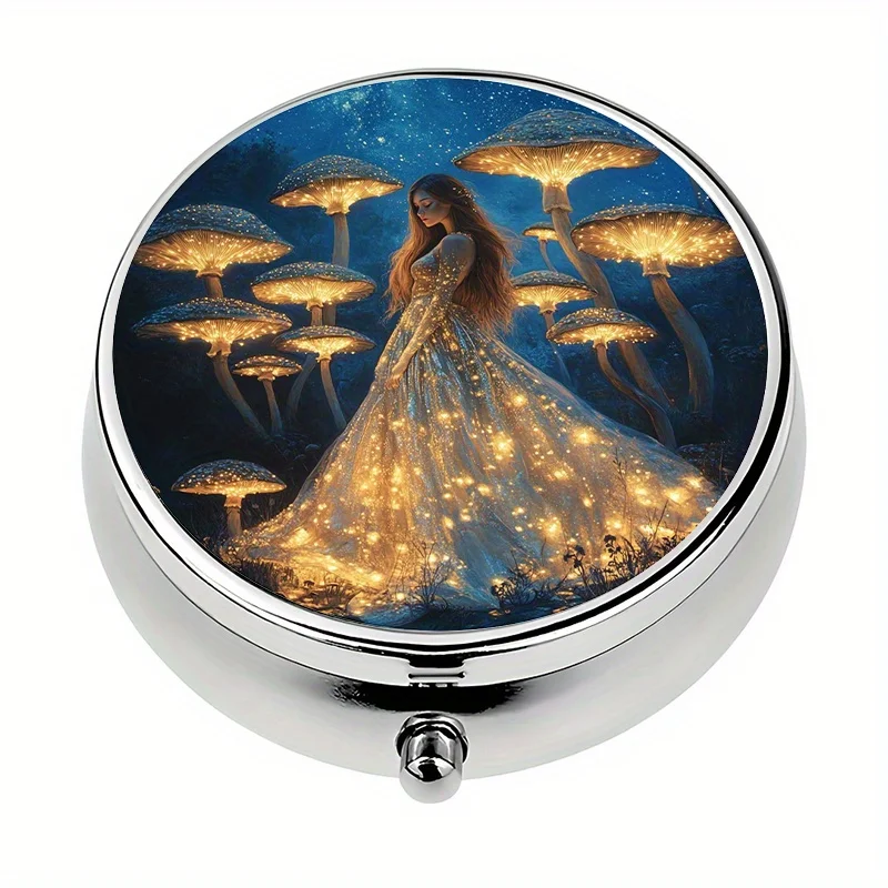 1-piece pill box, 3 compartments, fairy tale glow-in-the-dark mushroom forest scene, mini pill box, medication storage box, unique gift for travel