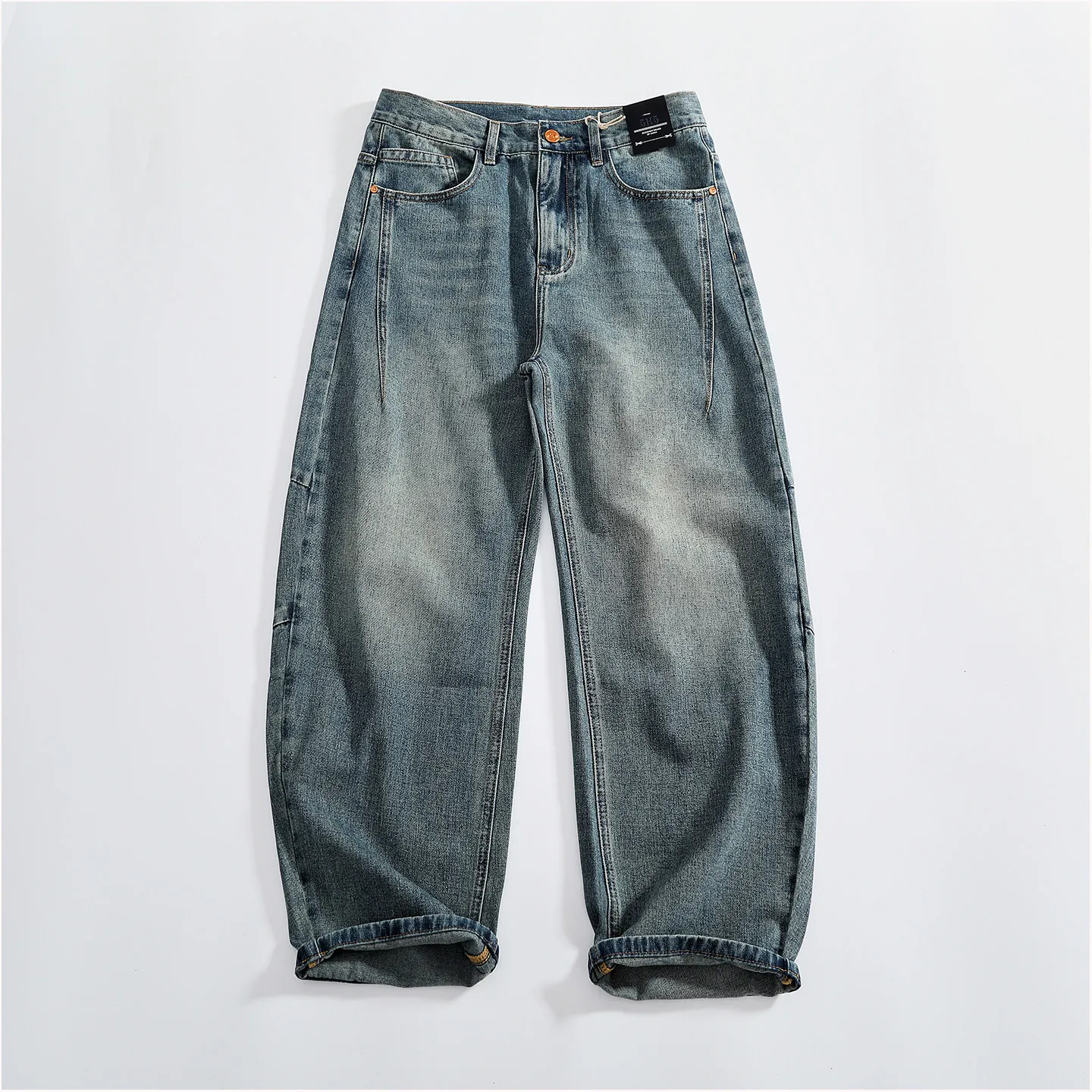2026 Autumn New American Retro Comfortable Curved-knife Wide-leg Jeans Men's Fashion Washed Multi-pockets Loose Casual Trousers