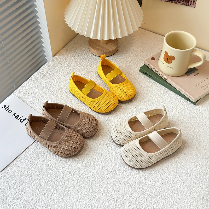 Girls Flat Shoes Slip-on Soft Sole Kids Weave Shoes Breathable Hollowed-out 2025 Summer New Children Casual Shoes Soild Color